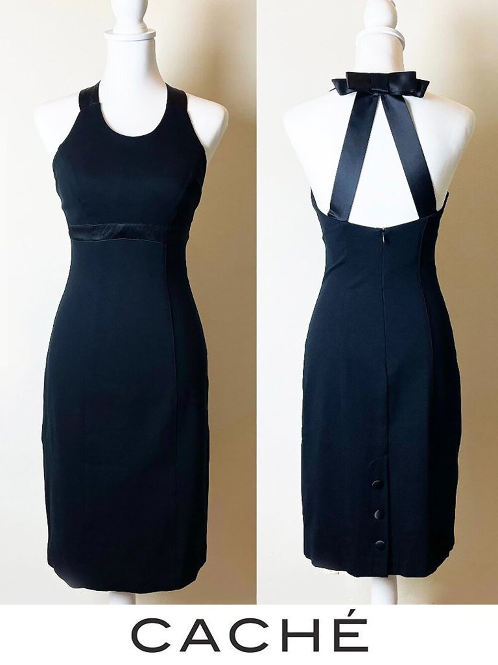 Cache Black Midi Dress | Back Bow & Buttons w/ Satin Trim | Size 4 | EUC